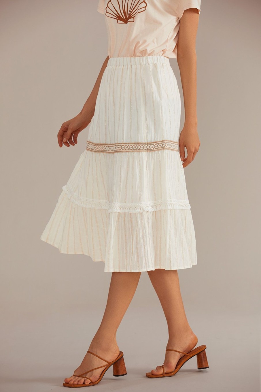 Online Lace Elastic Waist Tiered Midi Skirt Cream