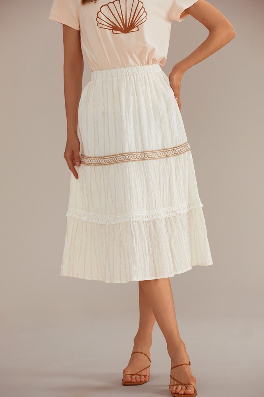 Online Lace Elastic Waist Tiered Midi Skirt Cream