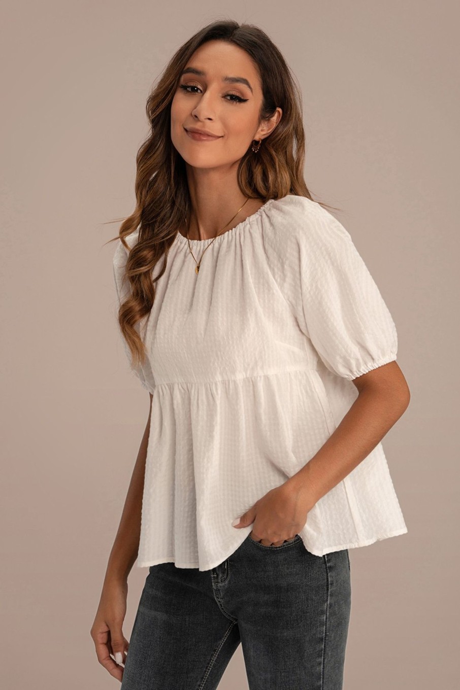 Clearance Round Neck Short Puff Sleeve Blouse White