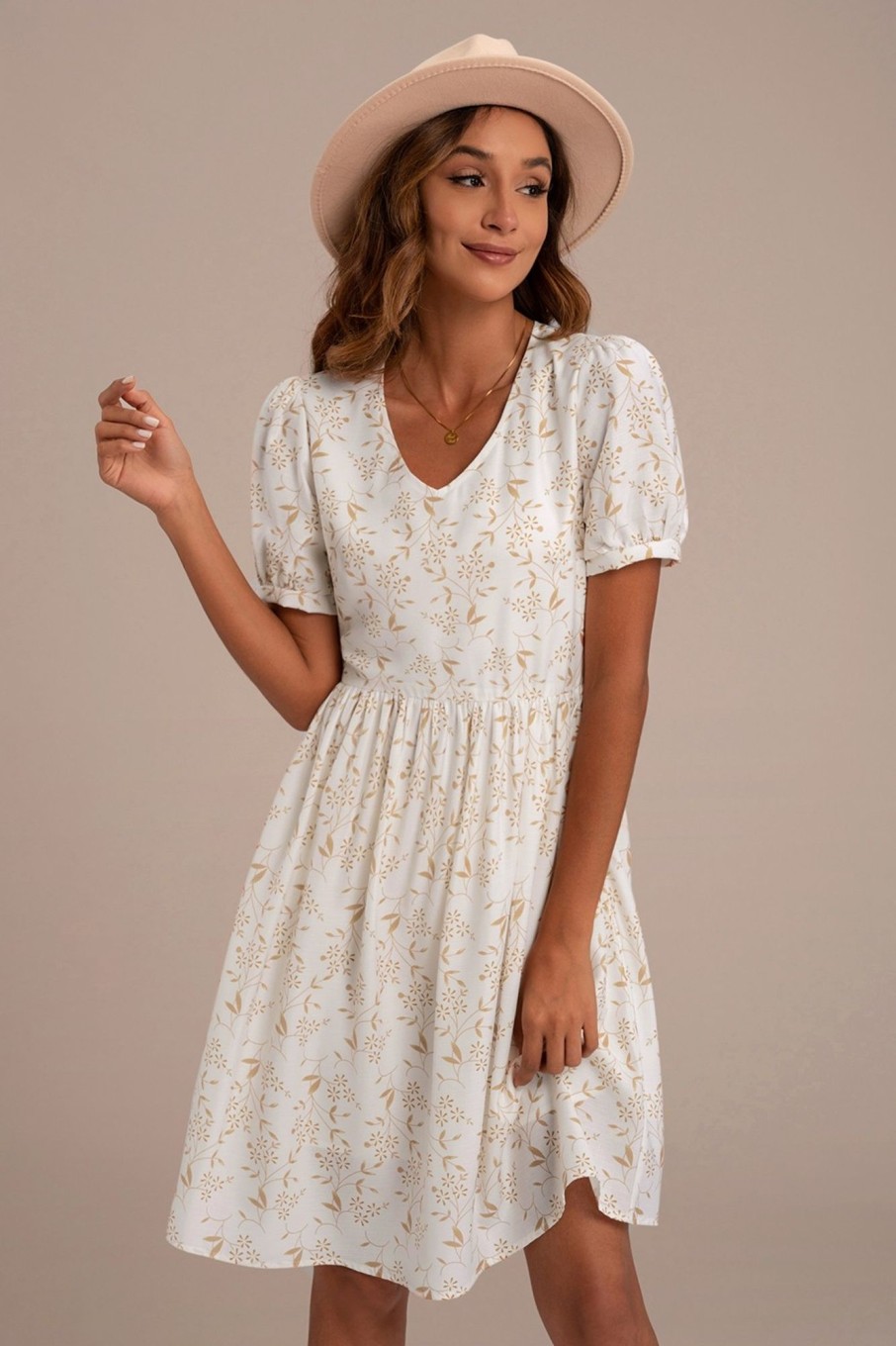 Best Short Puff Sleeve V Neck Midi Dress Floral