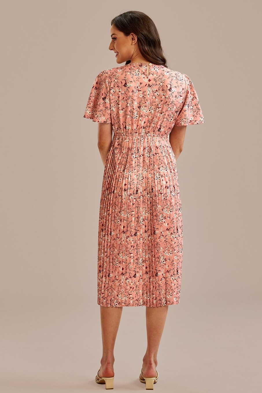 Best Floral Short Ruffle Sleeve Round Neck Midi Dress Light Pink