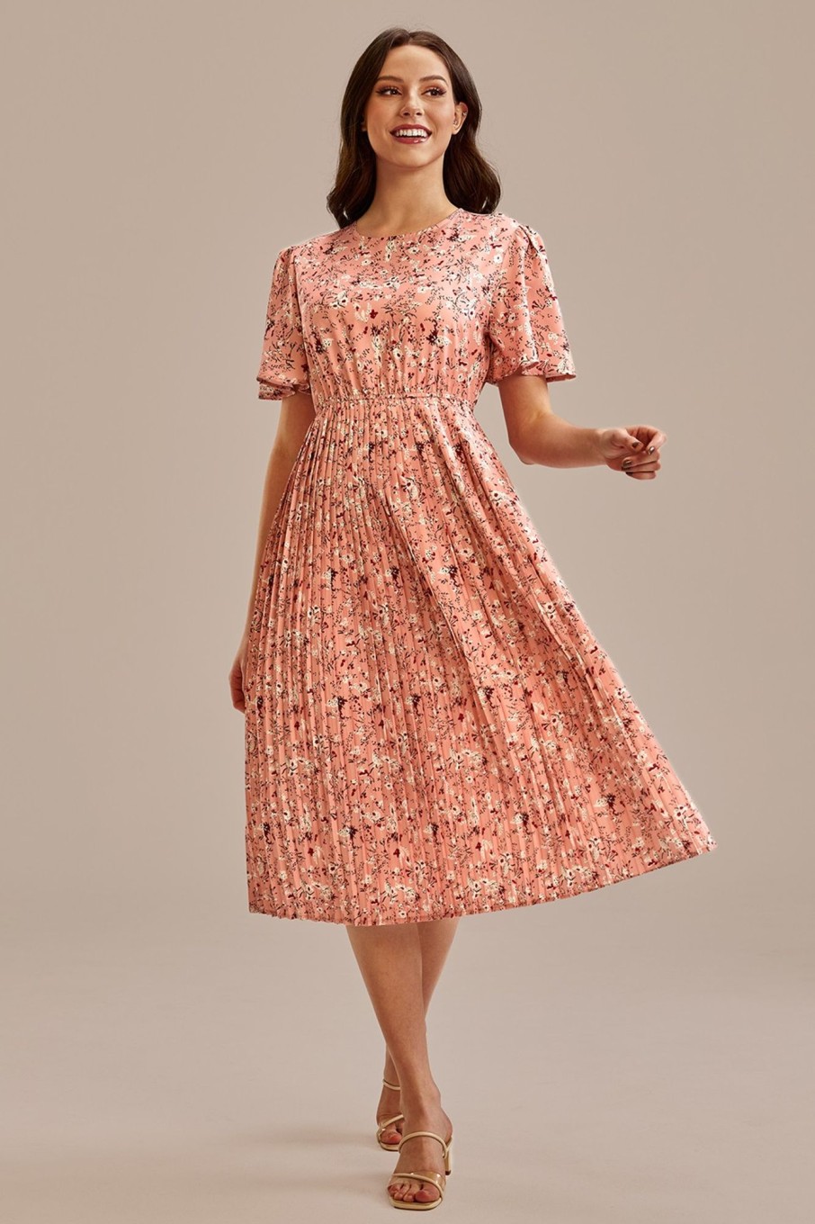 Best Floral Short Ruffle Sleeve Round Neck Midi Dress Light Pink