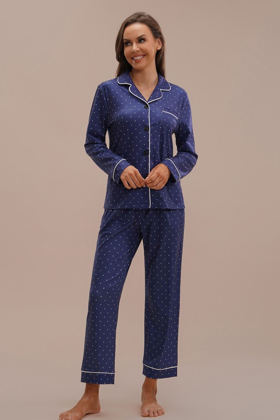 Online Dots Long Sleeve Collared Neck Buttons Pj Set Blue