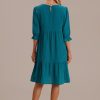 Wholesale Puff 3/4 Length Sleeve Button Up Tiered Midi Dress Green