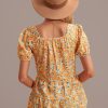 Online Floral Short Sleeve Scoop Neck Peplum Smocked Top Dark Yellow