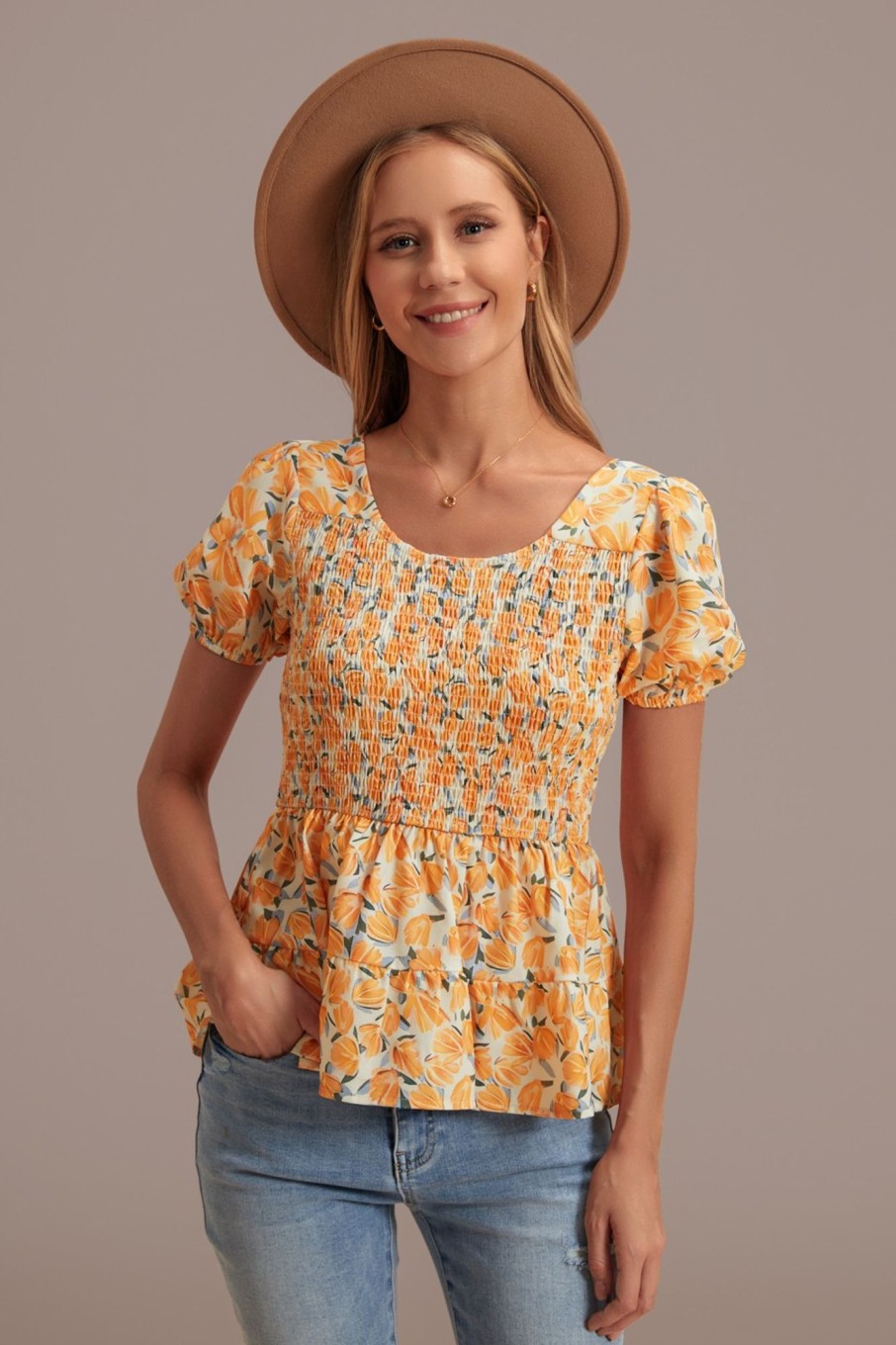 Online Floral Short Sleeve Scoop Neck Peplum Smocked Top Dark Yellow