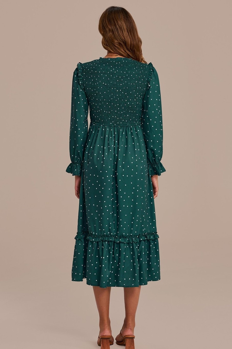 New Long Sleeve High Neck Polka Dot Midi Dress Green