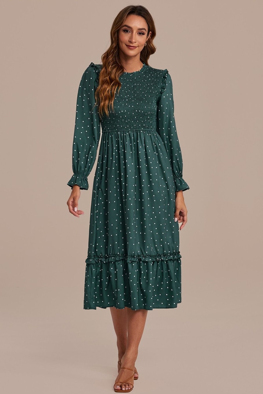 New Long Sleeve High Neck Polka Dot Midi Dress Green