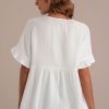 Best Short Peplum Sleeve Round Neck Crinkle Top White