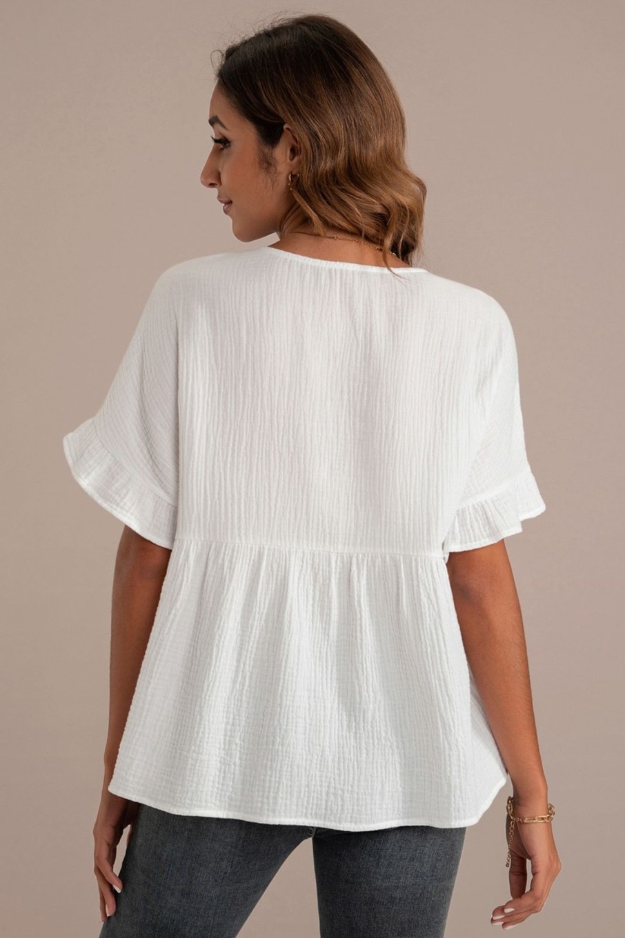 Best Short Peplum Sleeve Round Neck Crinkle Top White