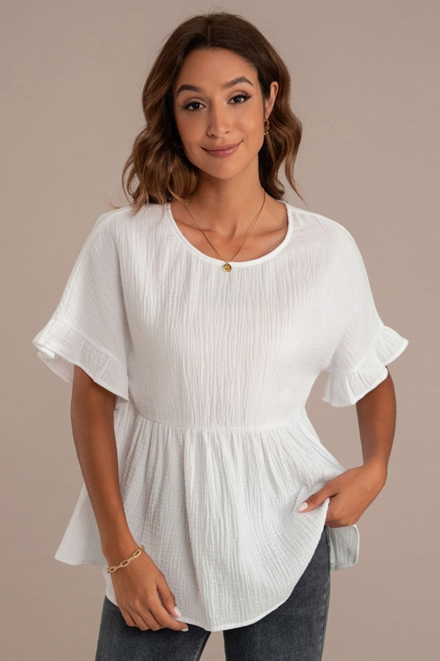 Best Short Peplum Sleeve Round Neck Crinkle Top White