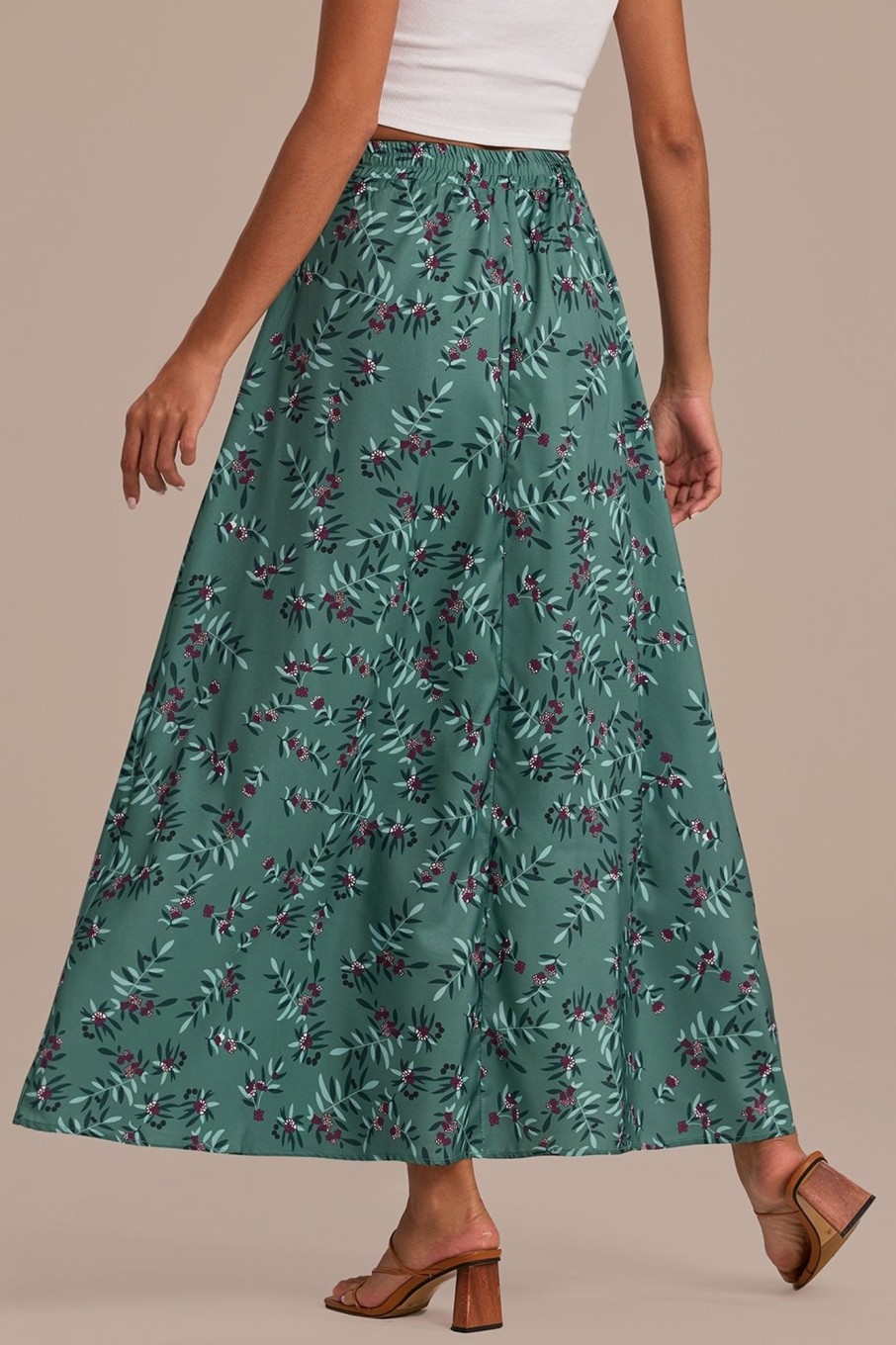 Hot Floral Print Elastic Waist Midi Skirt Green