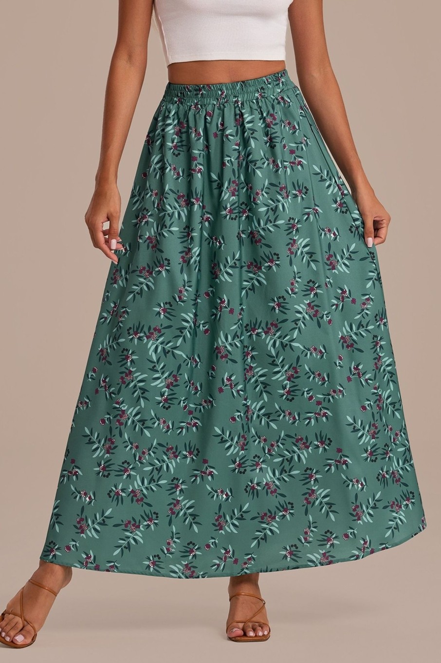 Hot Floral Print Elastic Waist Midi Skirt Green