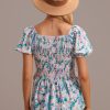 Wholesale Floral Short Puff Sleeve Scoop Neck Peplum Smocked Top Multi