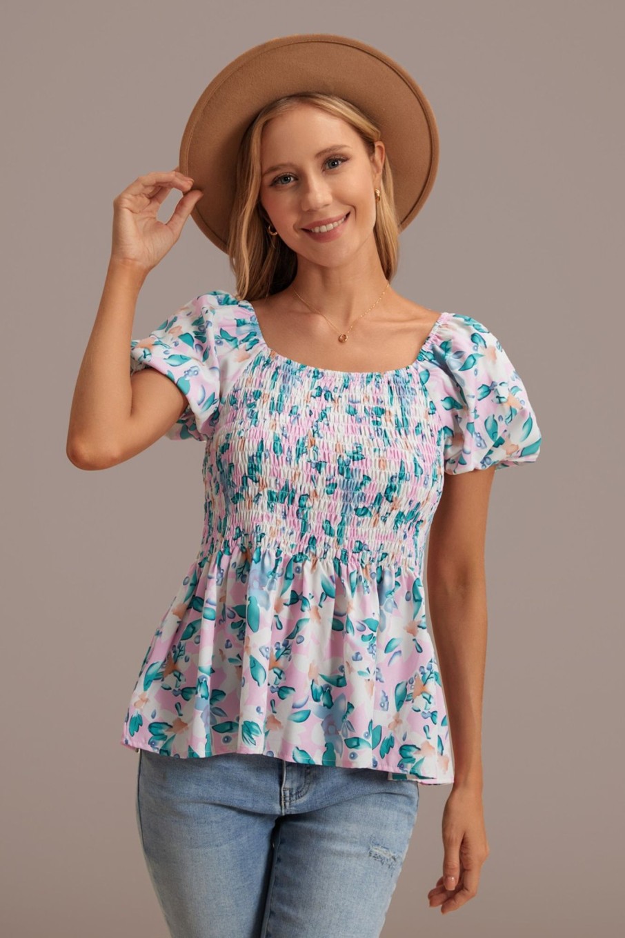 Wholesale Floral Short Puff Sleeve Scoop Neck Peplum Smocked Top Multi