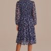 New Floral Long Sleeve High Neck Smocked Tiered Midi Dress Navy