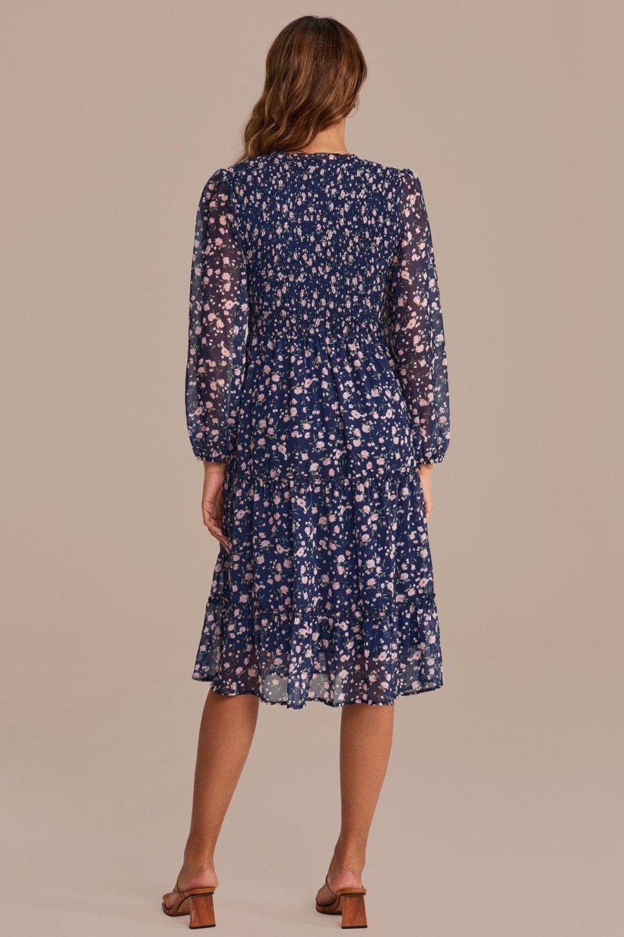 New Floral Long Sleeve High Neck Smocked Tiered Midi Dress Navy