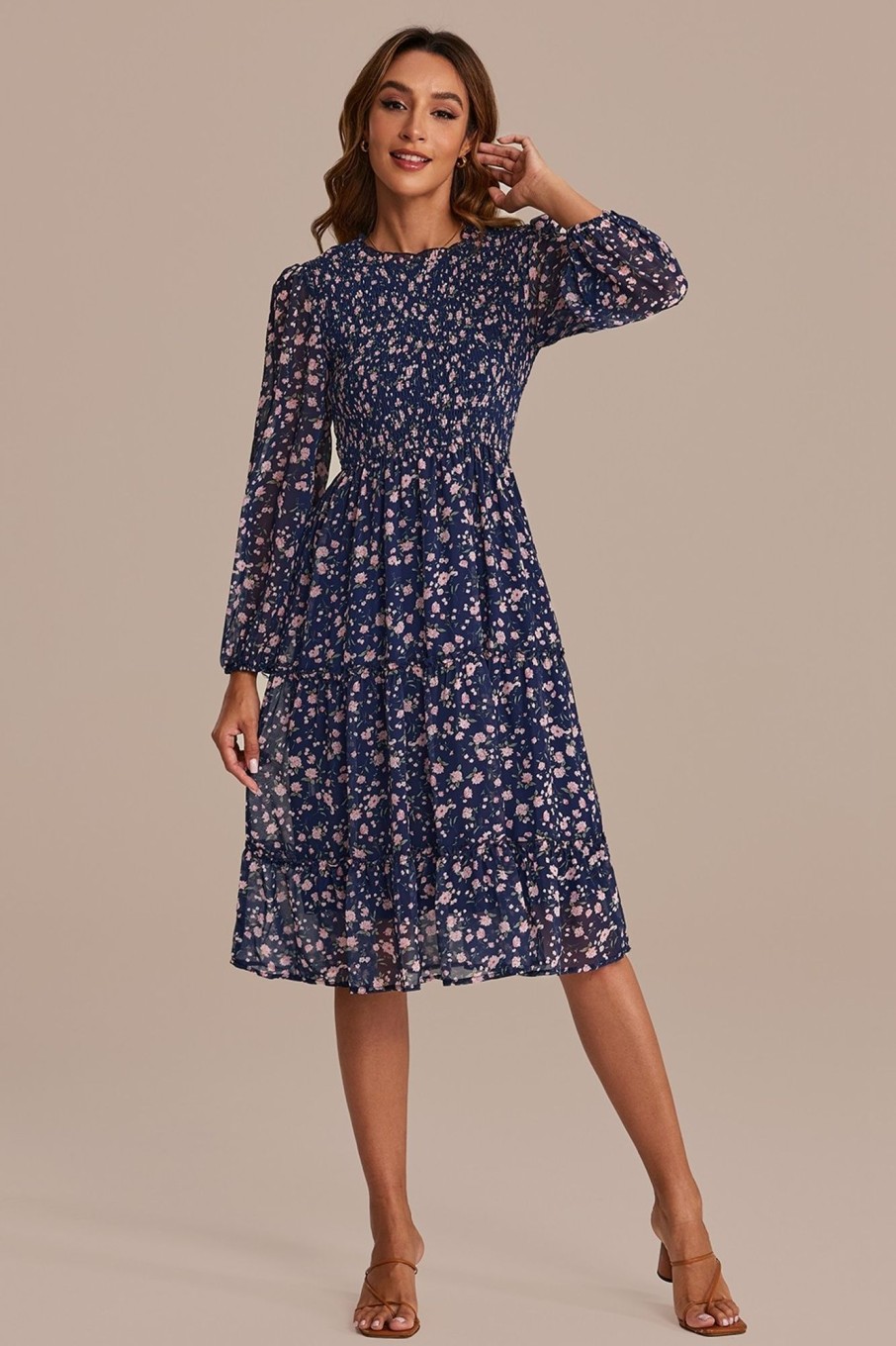 New Floral Long Sleeve High Neck Smocked Tiered Midi Dress Navy