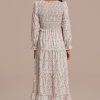 Hot Floral Long Sleeve V Neck Smocked Midi Dress Multicolor