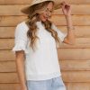 Hot Layered Ruffle Short Sleeve High Neck Cotton Blouse White