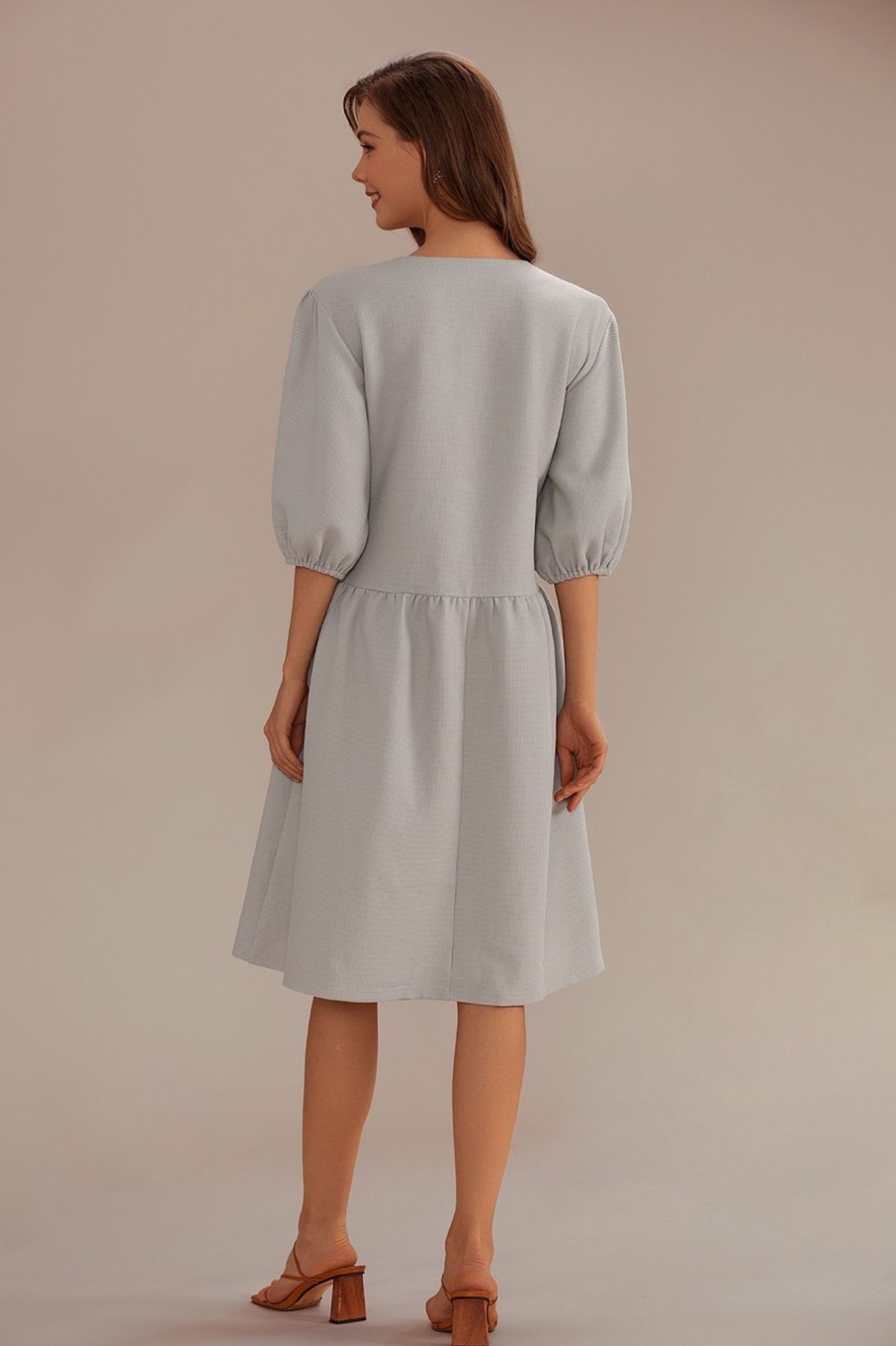 Online Short Puff Sleeve V Neck Midi Dress Sage