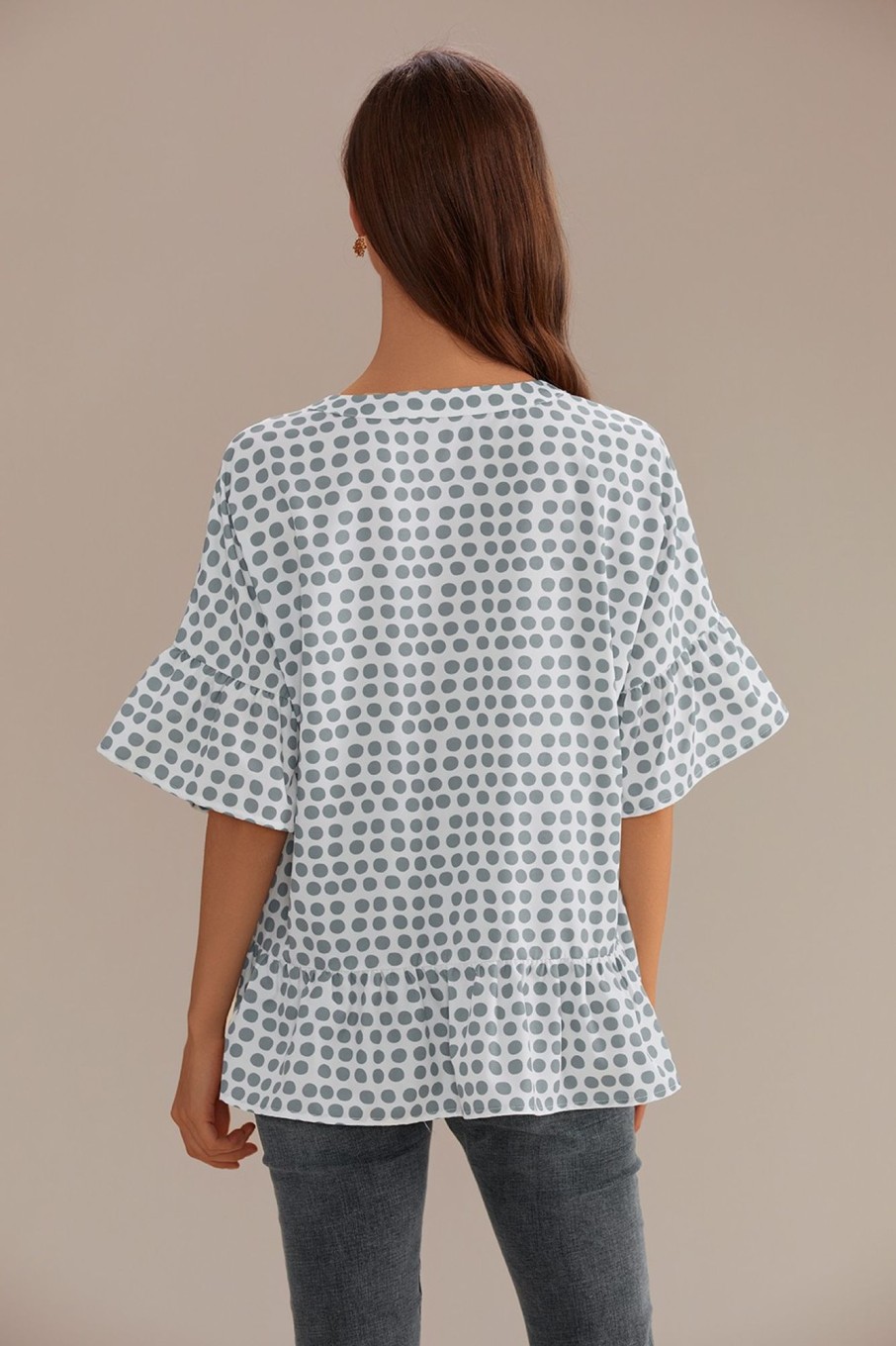 Clearance Polka Dots V Neck Short Sleeve Blouse Green