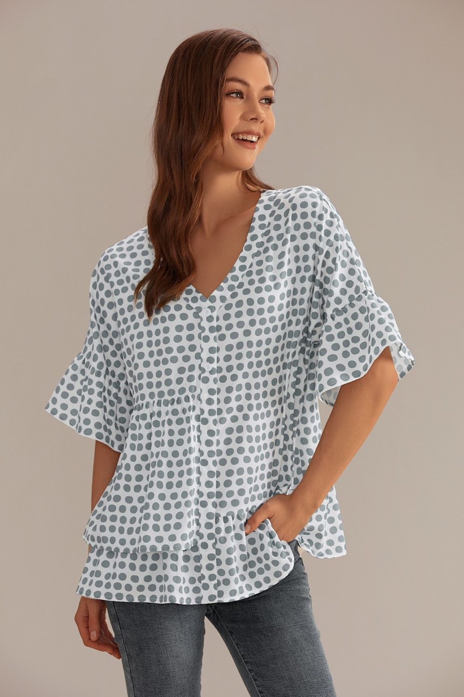 Clearance Polka Dots V Neck Short Sleeve Blouse Green