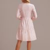 Best Pink Floral V Neck Long Sleeve Tiered Midi Dress Light Pink