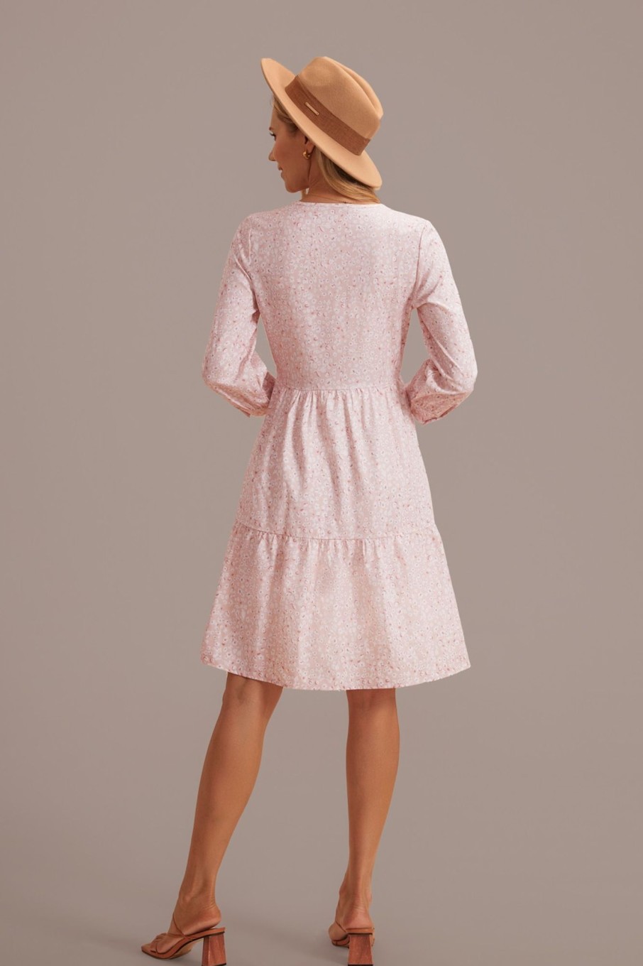 Best Pink Floral V Neck Long Sleeve Tiered Midi Dress Light Pink