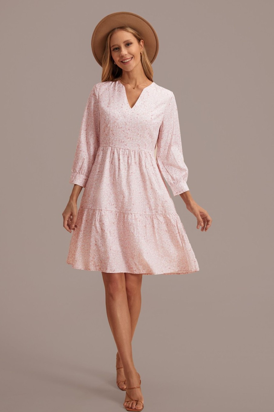 Best Pink Floral V Neck Long Sleeve Tiered Midi Dress Light Pink