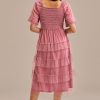 Wholesale Dot Short Sleeve Square Neck Smocked Tiered Ruffle Midi Dress Mauve