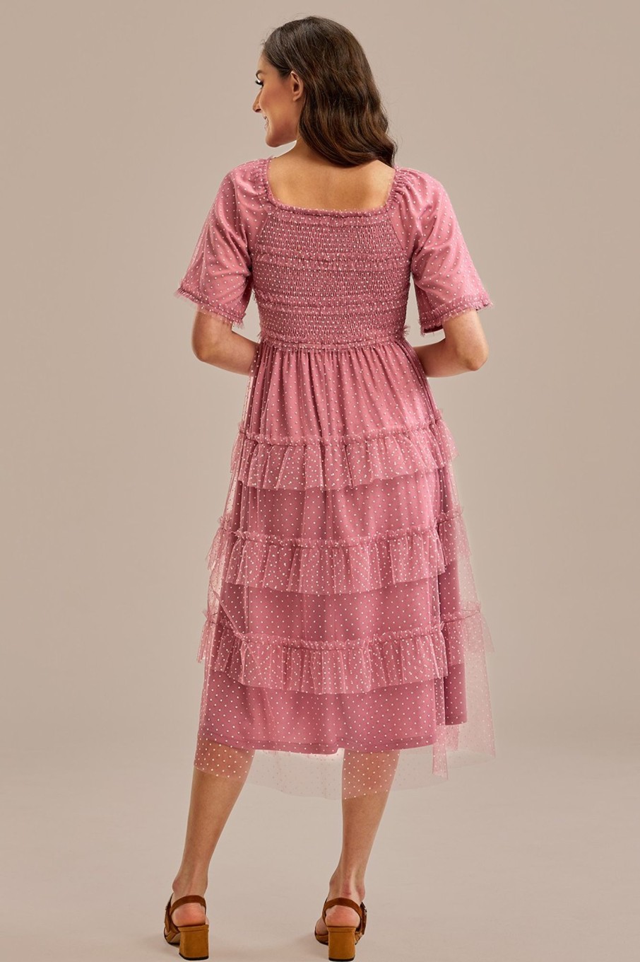 Wholesale Dot Short Sleeve Square Neck Smocked Tiered Ruffle Midi Dress Mauve