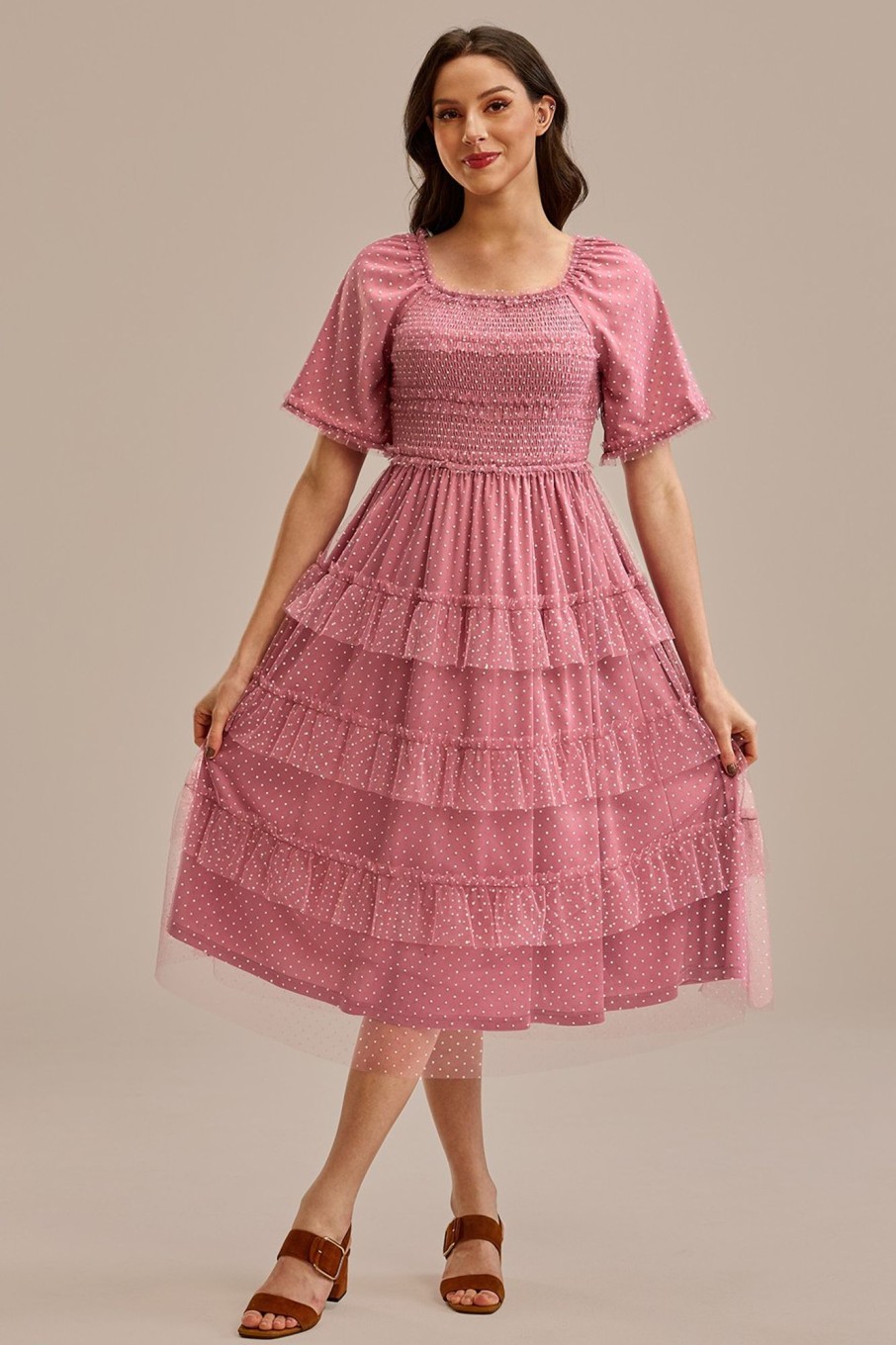 Wholesale Dot Short Sleeve Square Neck Smocked Tiered Ruffle Midi Dress Mauve