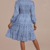 New Blue Long Sleeve Round Neck Smocked Midi Dress Floral