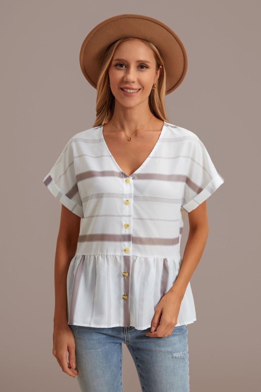 Online Stripe V Neck Short Sleeve Button Blouse White