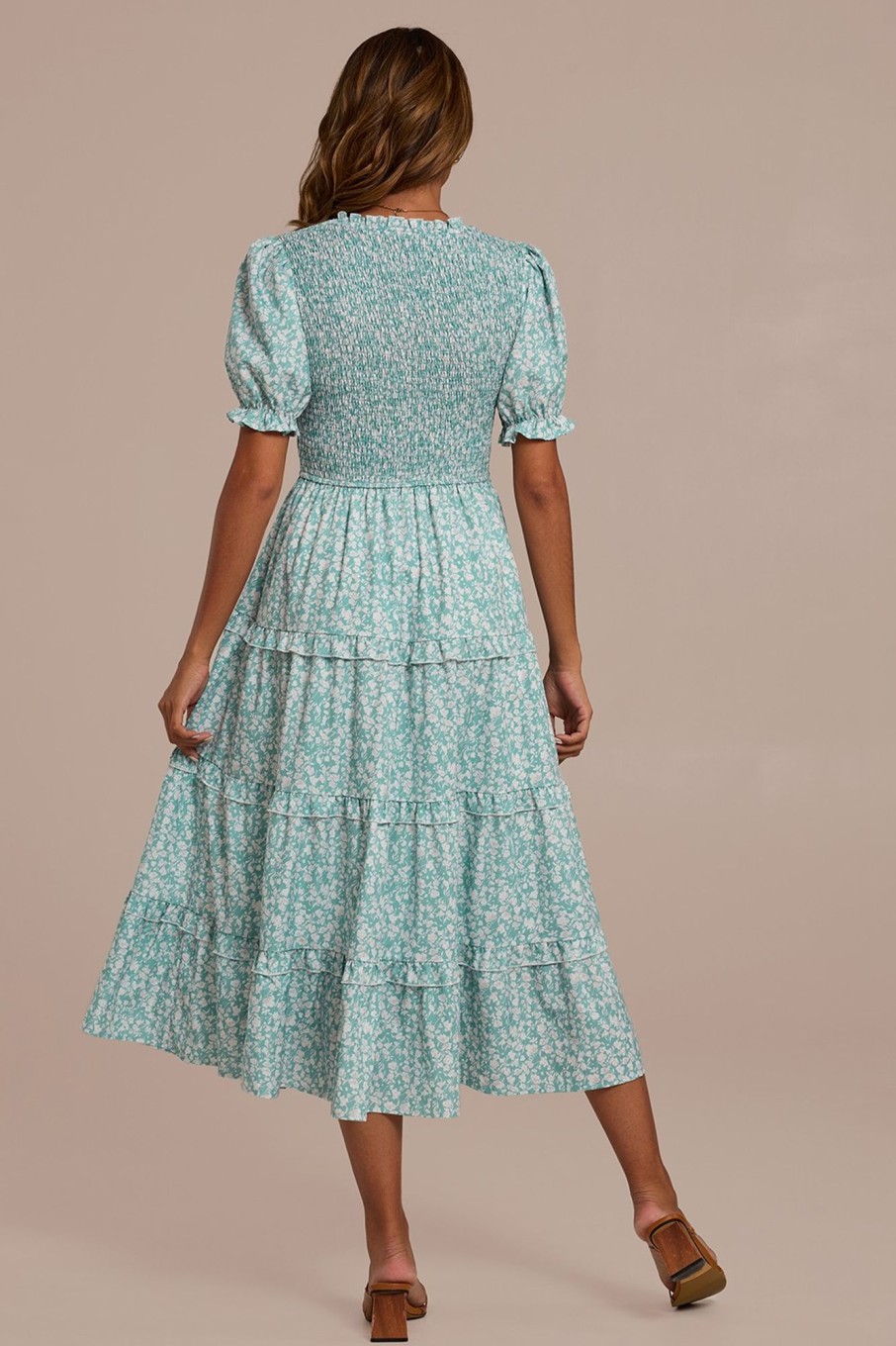 Online Short Sleeve High Neck Smocked Midi Dress Floral