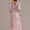 Wholesale Floral Short Sleeve Square Neck Smocked Tiered Midi Dress Pink