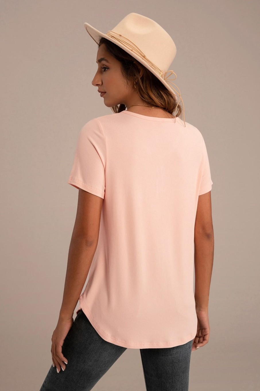 Online Ribbed Short Sleeve Button Detail Top Peach