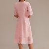 Clearance Short Sleeve Round Neck Hollow Midi Dress Pink