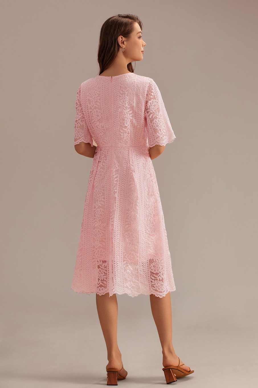 Clearance Short Sleeve Round Neck Hollow Midi Dress Pink