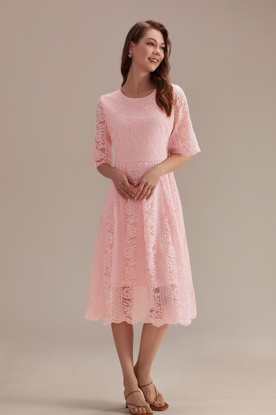 Clearance Short Sleeve Round Neck Hollow Midi Dress Pink