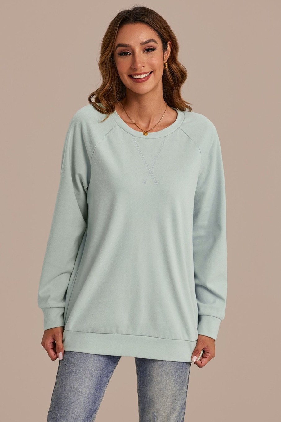 Clearance Long Sleeve Round Neck Pullover Green