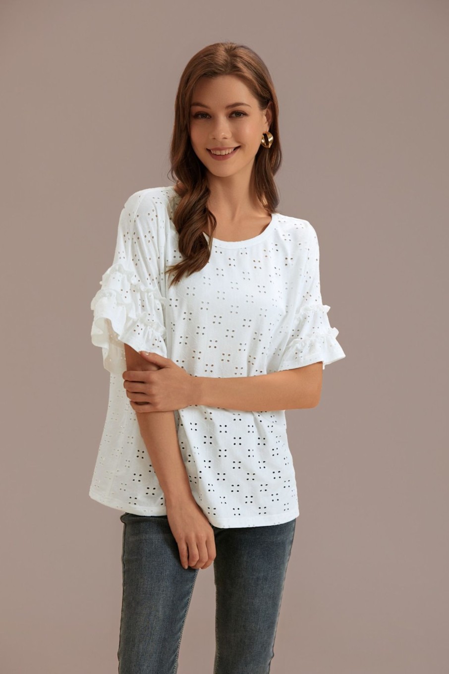 Online Round Neck Short Sleeve Blouse White