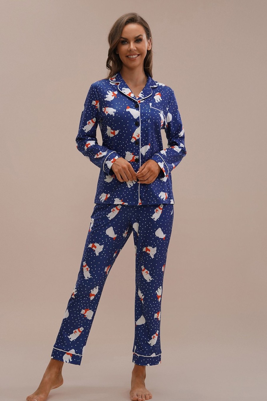 New Polar Bear Print Long Sleeve Collared Neck Buttons Pj Set Blue