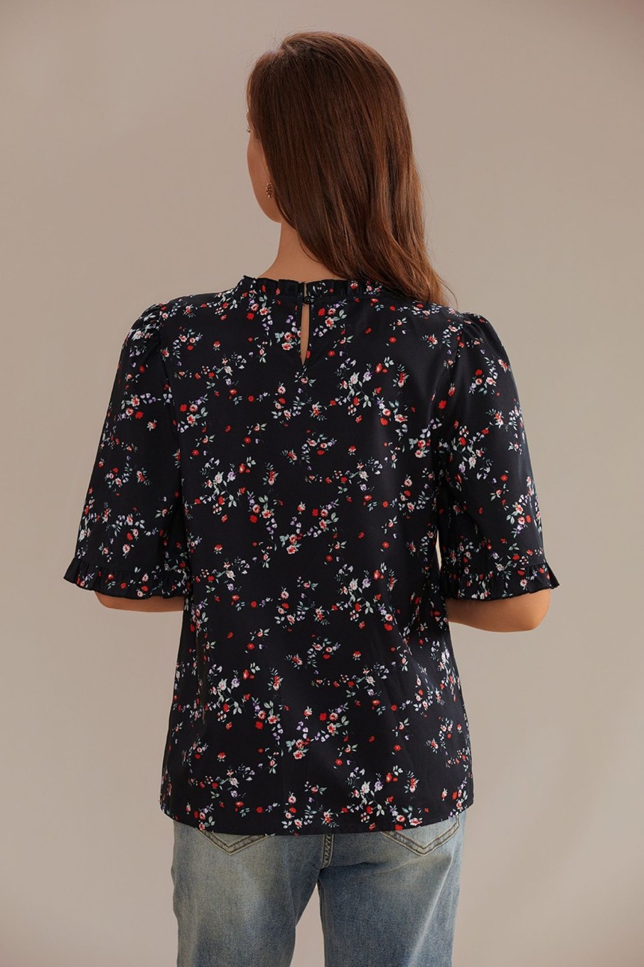 Hot Floral Short Sleeve Mock Neck Peplum Blouse Black