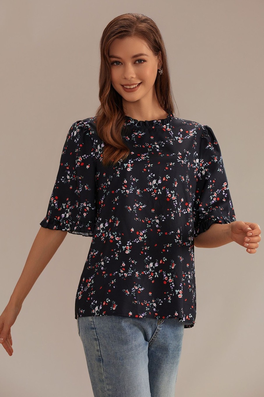 Hot Floral Short Sleeve Mock Neck Peplum Blouse Black