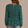 Wholesale Ruffle Shirring Long Sleeve Round Neck Blouse Hunter Green