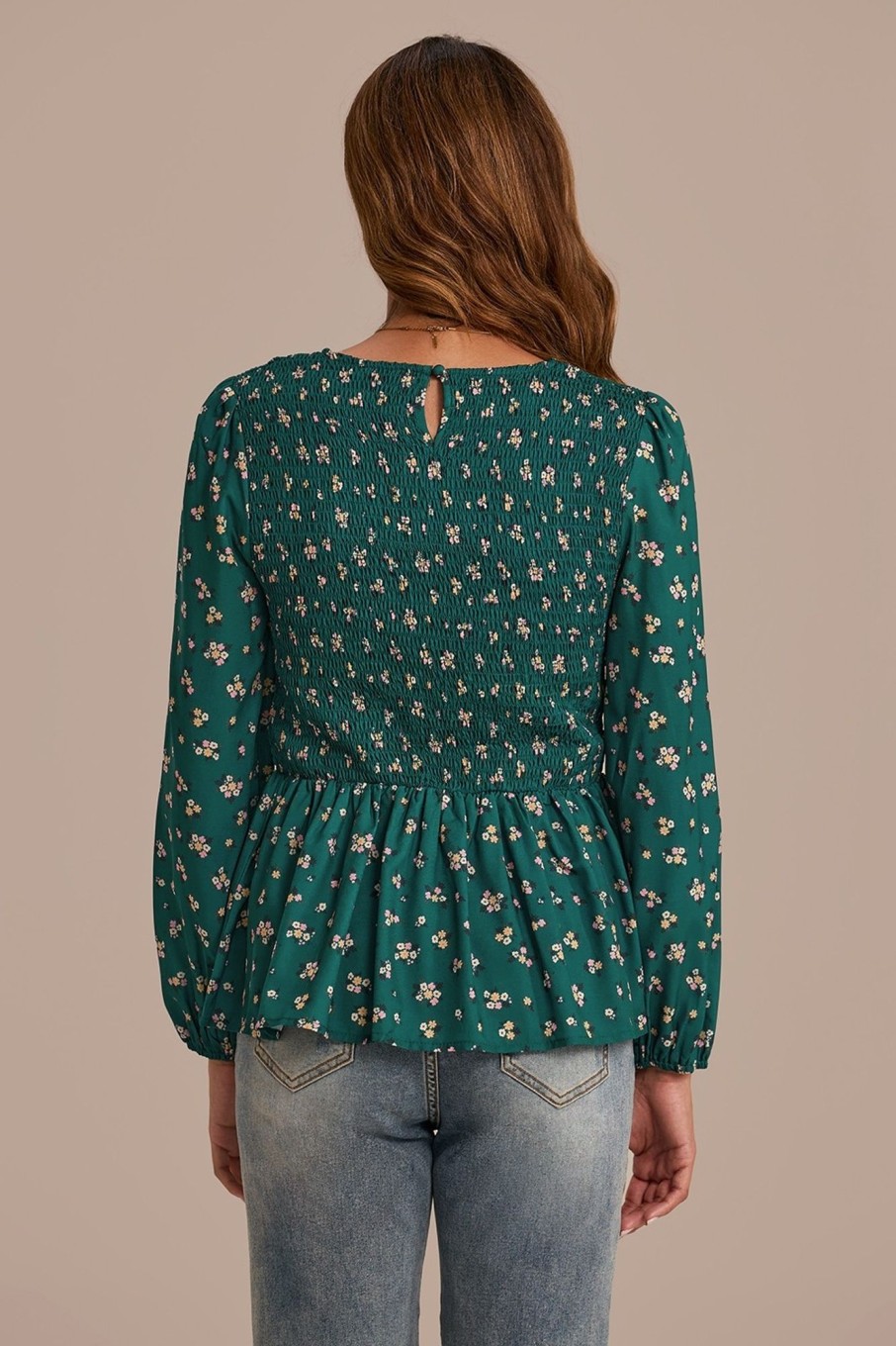 Wholesale Ruffle Shirring Long Sleeve Round Neck Blouse Hunter Green