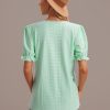 Wholesale Short Puff Sleeve V Neck Hollow Blouse Green