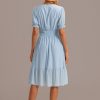 Hot Short Sleeve V Neck Button Up Midi Dress Sky Blue